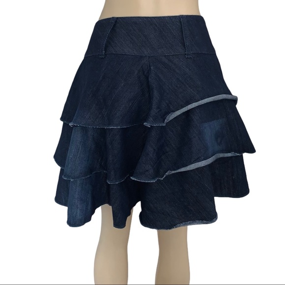 Vintage A-line Ruffle Dark Blue Denim Jean Handmade Mini Skirt - Picture 2 of 3